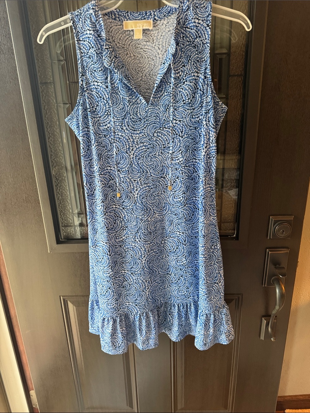 Michael Kors Blue Swirl Sleeveless V-Neck dress with Ruffle Hem